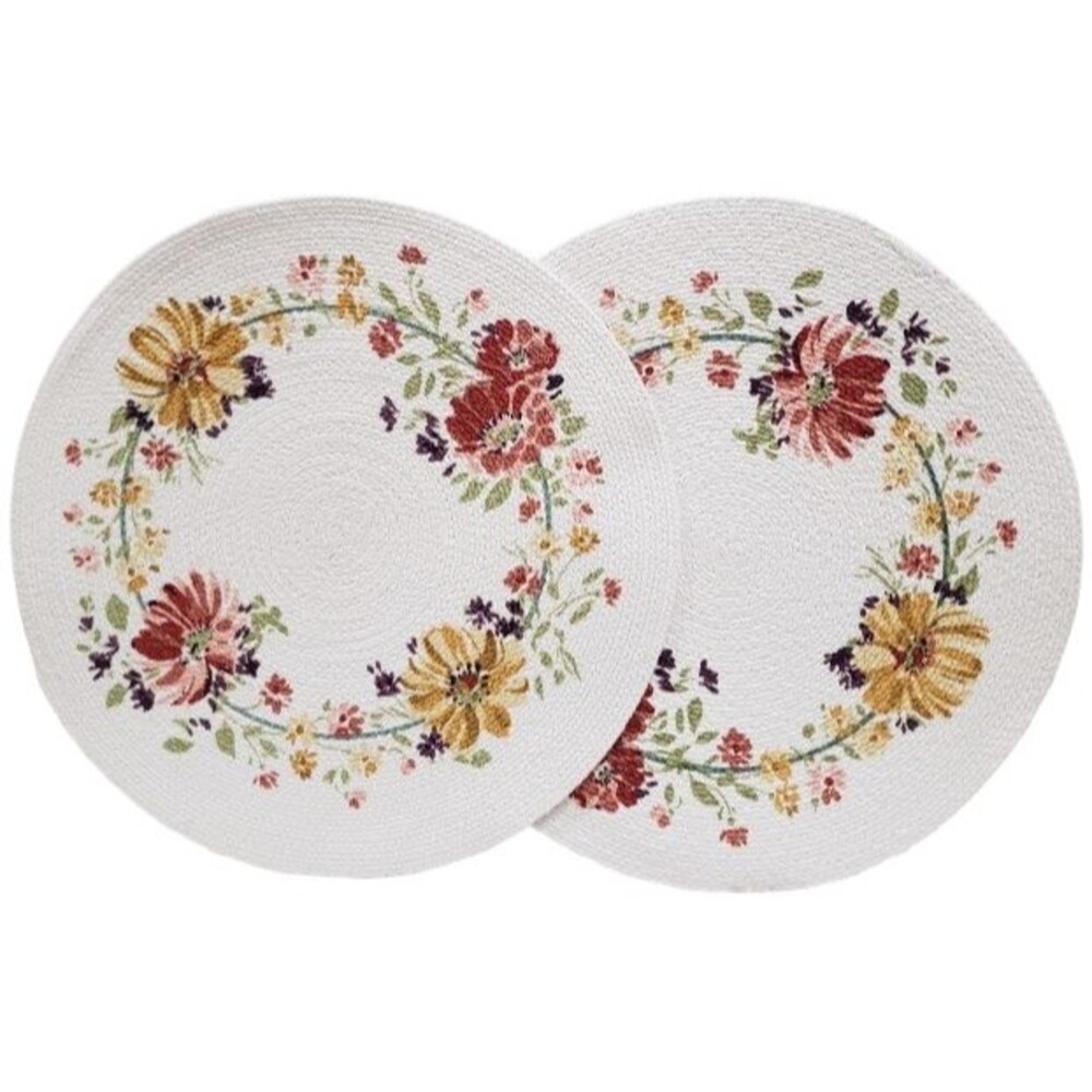Set of 2 Same Round Braided Cotton Placemats (14.5") AUTUMN JOY FLOWERS, KDD